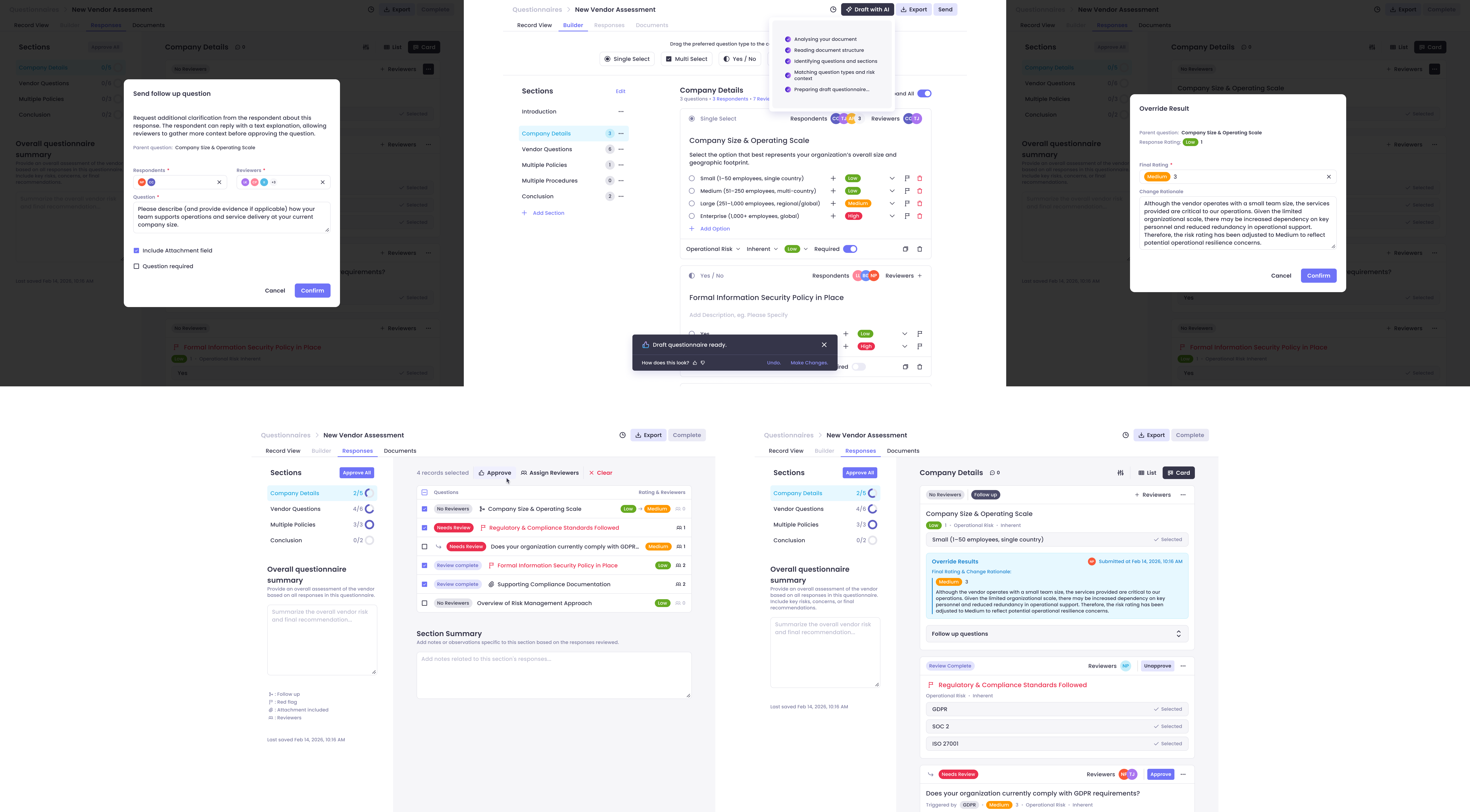 AI-augmented vendor questionnaire review: final screens showing reviewer workflow and accountability.